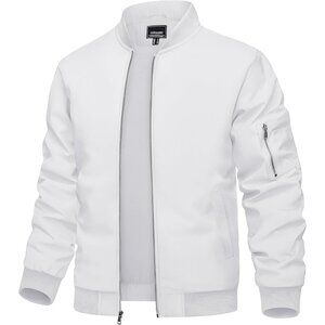 Men's #01 White Bomber Jacket Coat Lightweight Casual Windbreaker Zip Up Pocket
